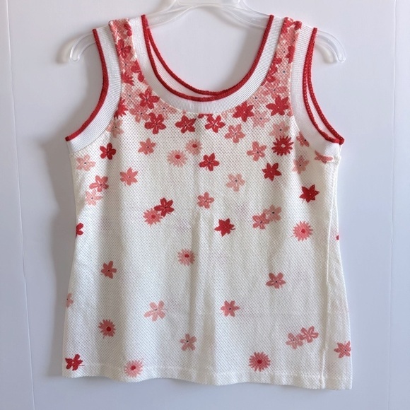 Catalina Tops - Catalina Sportswear Vintage Tank Top Sleeveless Round Neck Ivory Red Flowers L